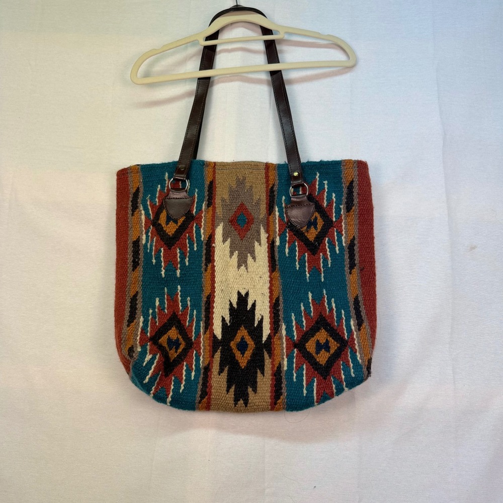 El Paso Saddleblanket Co Southwestern Wool Tote Bag Teal Rust Geometric Zipper - Picture 2 of 8